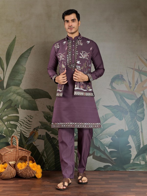 Viscose Silk Readymade Koti Kurta in Rust Purple Color With Embroidery work 
