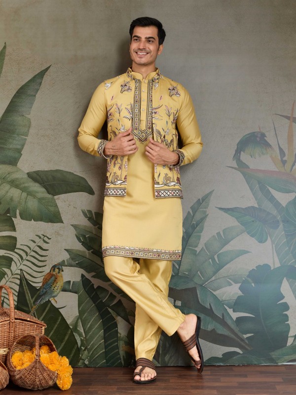 Viscose Silk Readymade Koti Kurta in Yellow Color With Embroidery work 