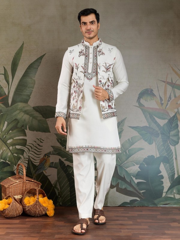 Viscose Silk Readymade Koti Kurta in White Color With Embroidery work 
