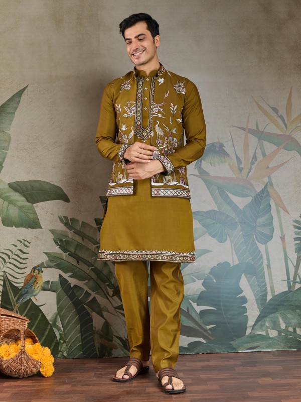 Viscose Silk Readymade Koti Kurta in Golden Olive Color With Embroidery work 