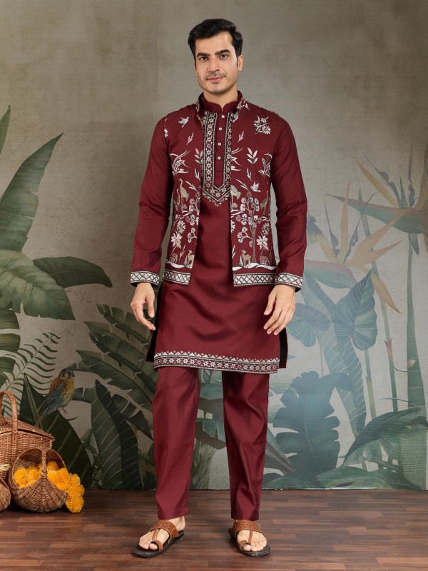 Viscose Silk Readymade Koti Kurta in Maroon Color With Embroidery work 