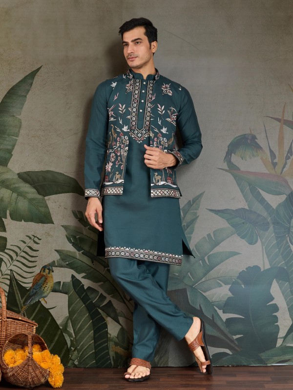 Viscose Silk Readymade Koti Kurta in Green Color With Embroidery work 