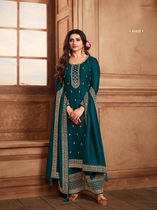 Georgette Silk  Party Wear  Suit  in Teal Blue Color with  Embroidery Work
