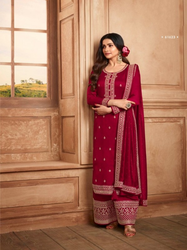  Georgette Silk  Party Wear  Suit  in Dark Pink Color with  Embroidery Work