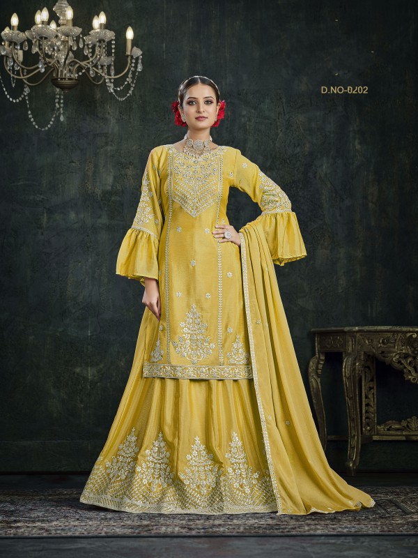 Heavy Chinon Party Wear Sarara in Yellow Color with  Embroidery Work