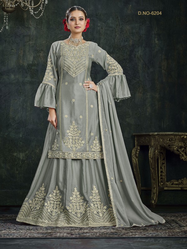 Heavy Chinon Party Wear Sarara in Grey Color with  Embroidery Work