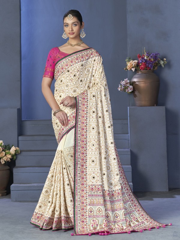 Pure Silk Wedding To Wear Saree Off White Color With Embroidery Work