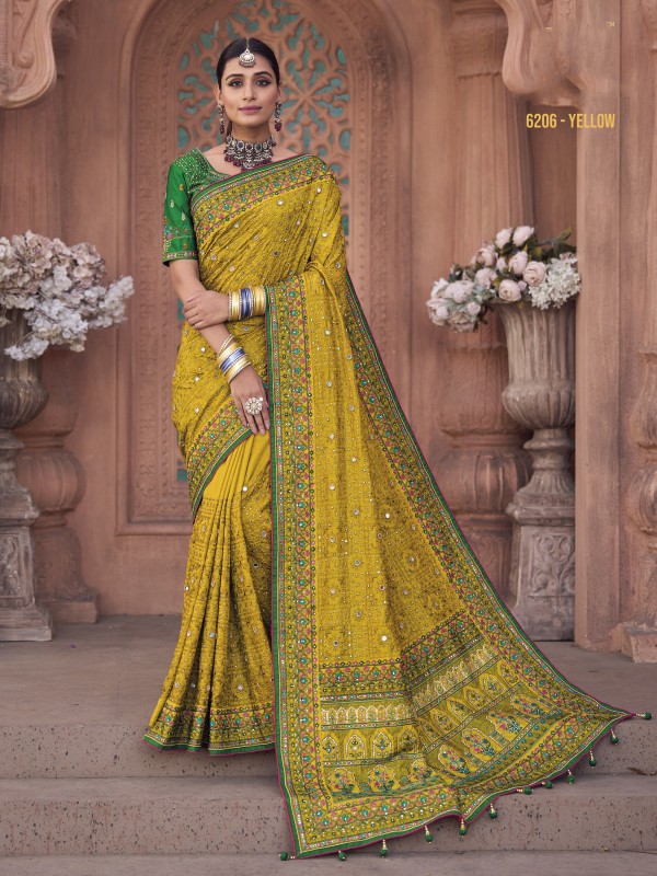 Pure Silk Wedding To Wear Saree Yellow Color With Embroidery Work