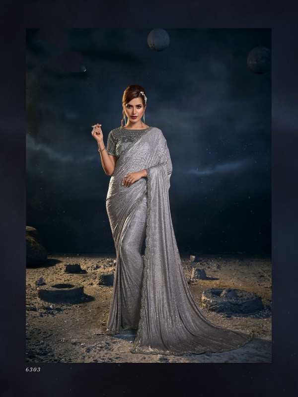Pure Imported Laycra  Wedding Wear Saree In Grey  Color With Embroidery Work 
