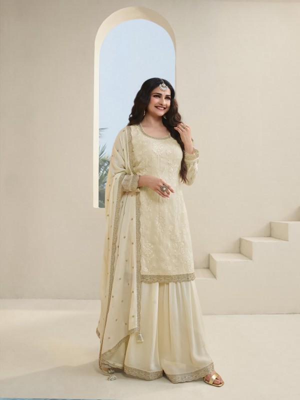 Pure Organza  Party Wear  Sharara in Off White Color with  Embroidery Work