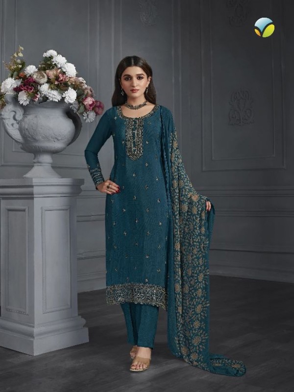 Crepe  Silk  Party Wear Suit in Teal Blue Color with Embroidery Work
