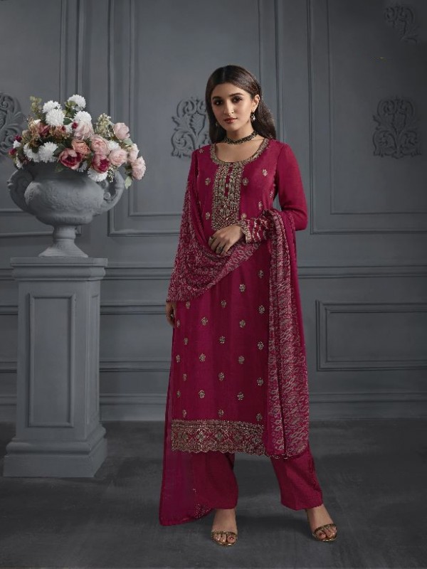Crepe  Silk  Party Wear Suit in Magenta Color with Embroidery Work
