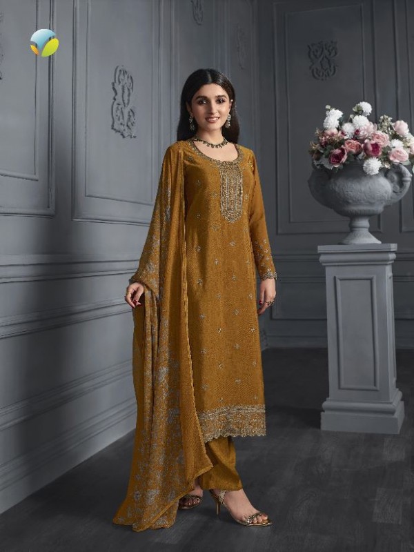 Crepe  Silk  Party Wear Suit in Mustard Color with Embroidery Work