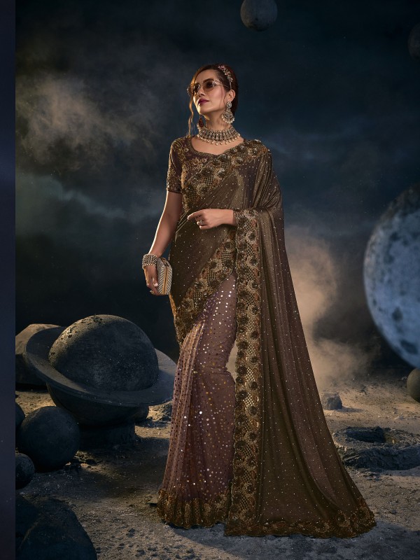 Pure Imported  With Net Wedding Wear Saree In Brown Color With Embroidery Work 