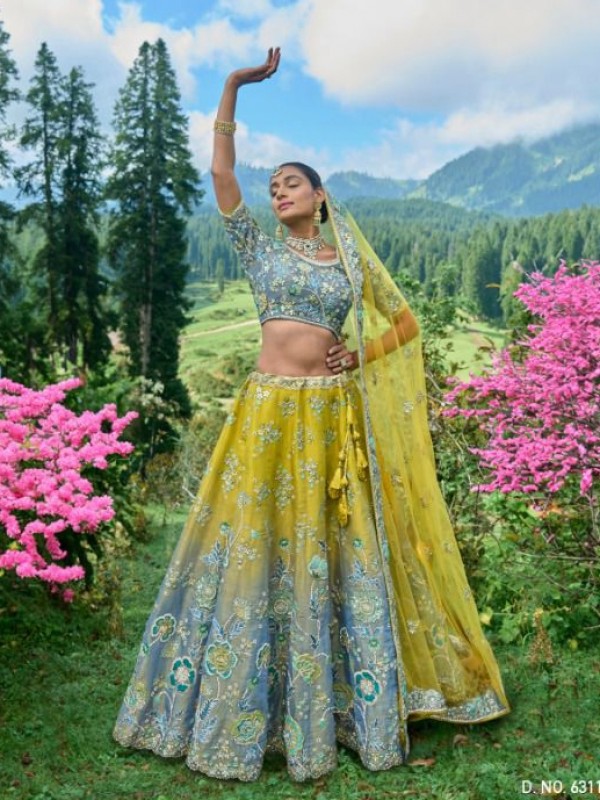 Pure Dola Silk Wedding Lehenga in Grey & Yellow Color With Embroidery work