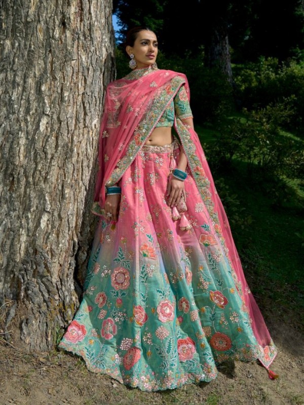 Pure Dola Silk Wedding Lehenga in Pink & Green Color With Embroidery work