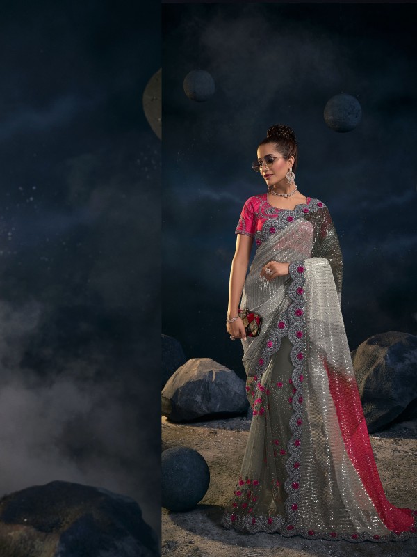 Pure Imported   With Net Wedding Wear Saree In Grey Color With Embroidery Work 