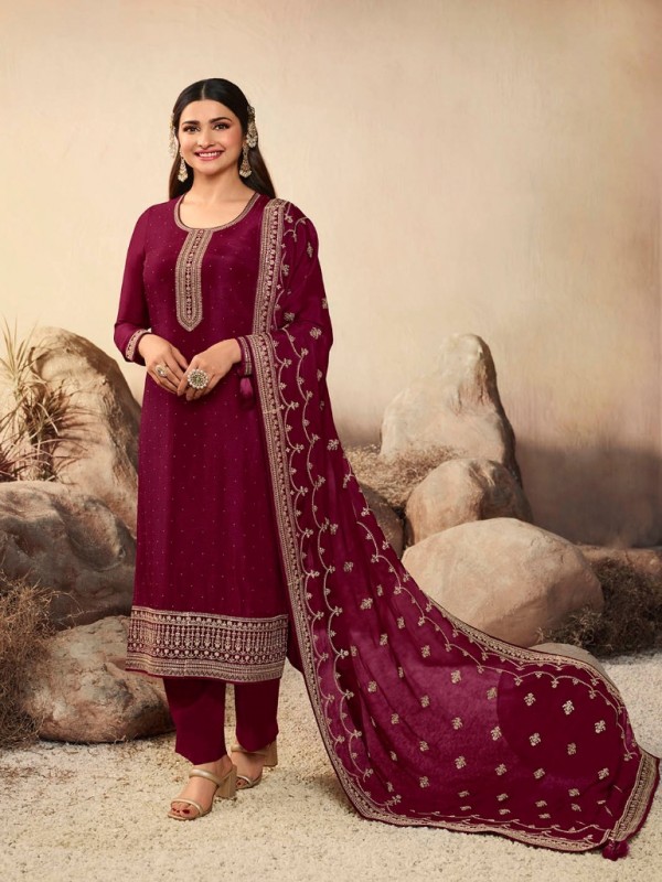 Pure Dola  Silk Party Wear Suit in Wine Color with Embroidery Work