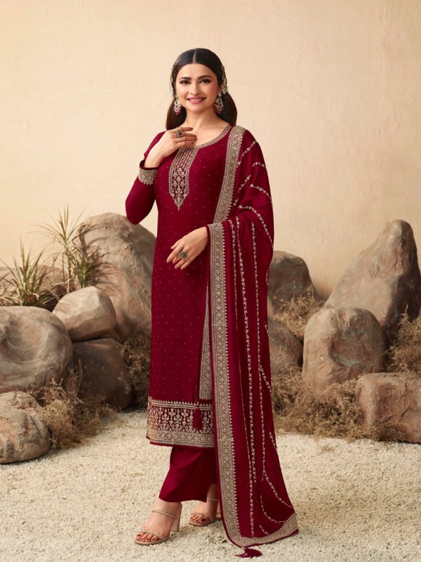 Pure Dola  Silk Party Wear Suit in Dark Pink Color with Embroidery Work