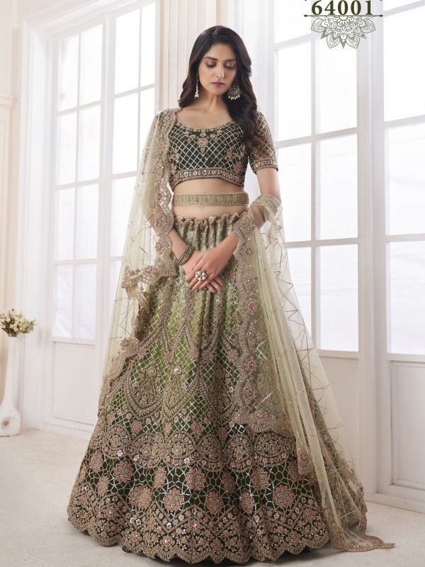 Soft Premium Net Wedding Wear Wear Lehenga In Green Color With Embroidery Work 