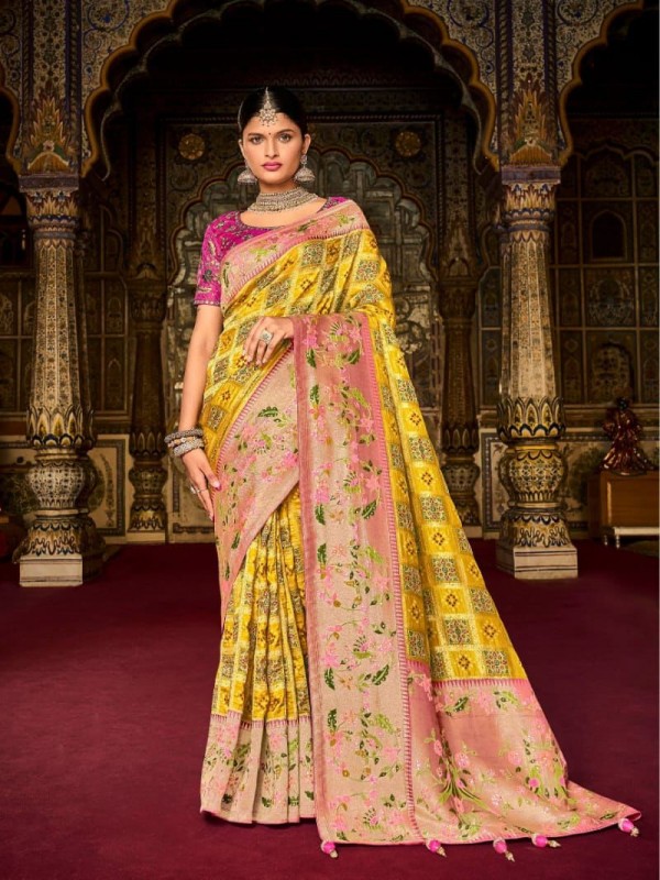 Banarasi Silk   Saree Yellow Color With Embroidery Work