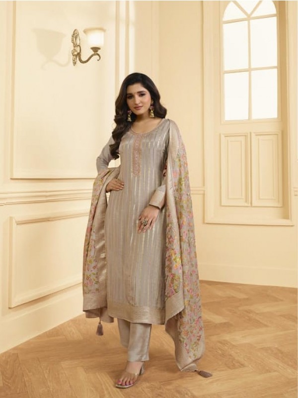 Pure  Jacquard  Silk Party Wear Suit in Beige Color with Embroidery Work