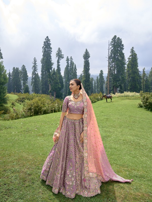 Pure Dola Silk Wedding Lehenga in Purple Color With Embroidery work