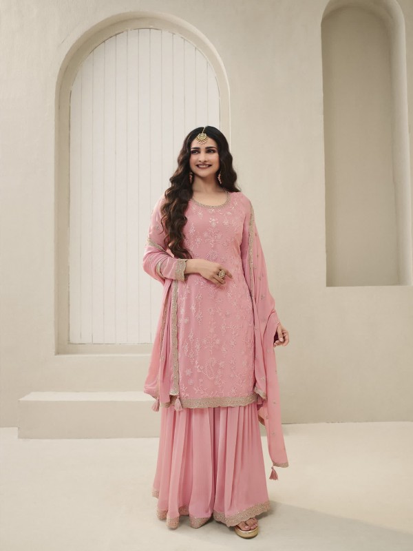 Pure Organza  Party Wear  Sharara in Pink Color with  Embroidery Work