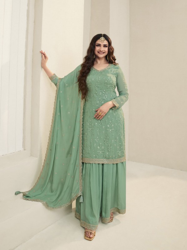 Pure Organza  Party Wear  Sharara in Sea Green Color with  Embroidery Work