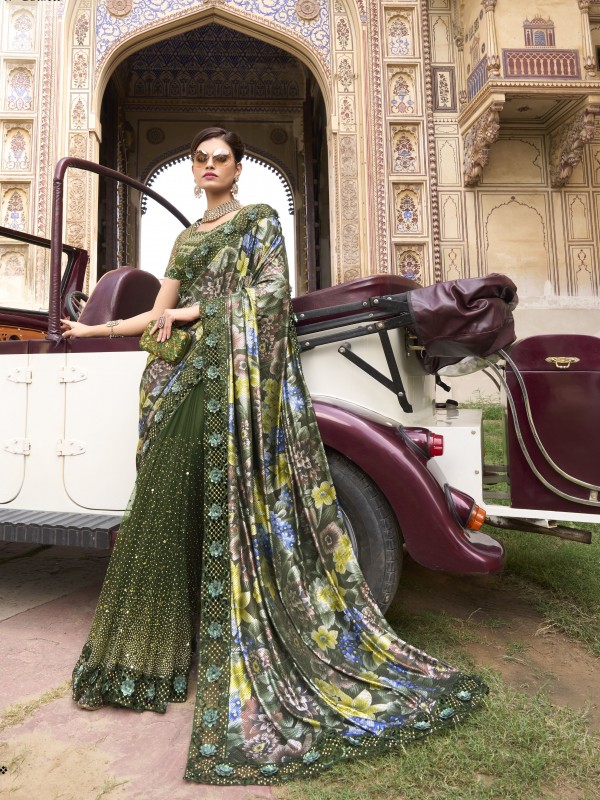 Fancy Laycra With Net Wedding Wear Saree In Green Color With Embroidery Work 