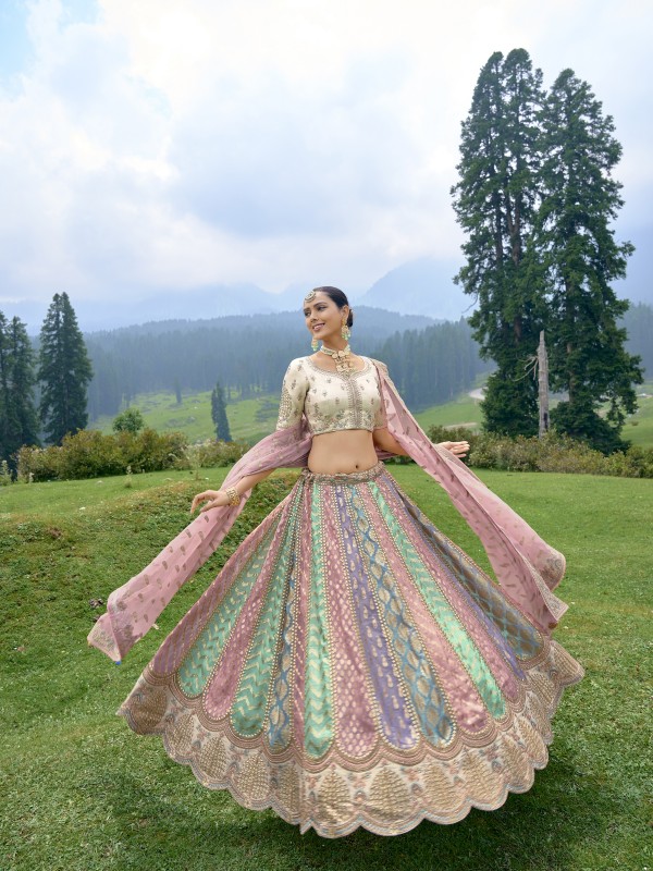Pure Dola Silk Wedding Lehenga in Multi Color With Embroidery work