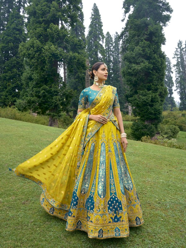 Pure Dola Silk Wedding Lehenga in Yellow Color With Embroidery work
