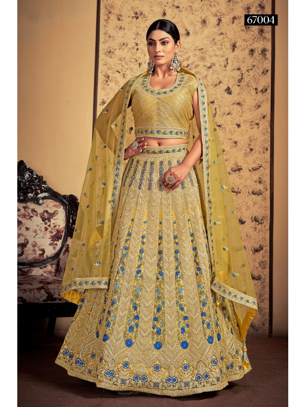 Soft Premium Net Fabrics Wedding Wear Lehenga in Mustard Color With Embroidery Work 