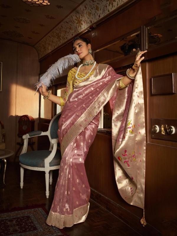 Pure Tissue Silk Party wear Saree In Pink Color with Embroidery Work 