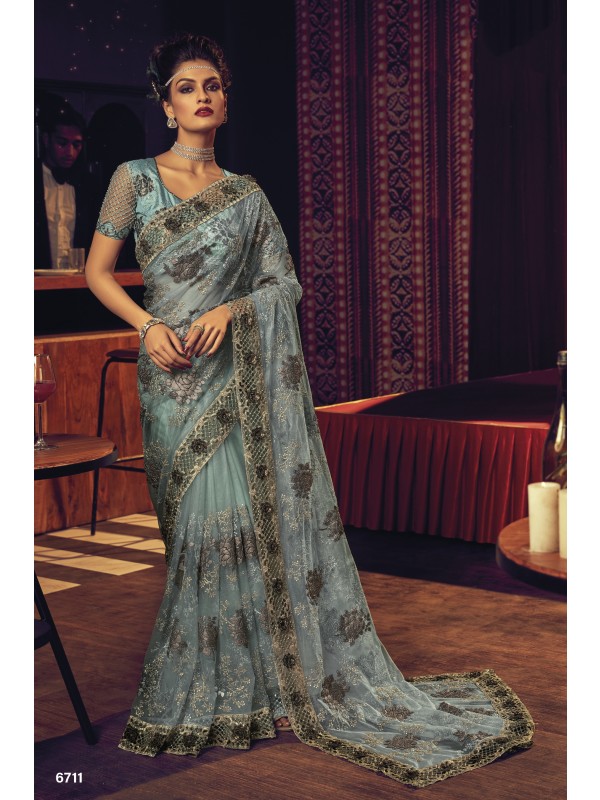 Soft Premium Net Wedding Wear Saree In Sea Blue Color With Embroidery Work 