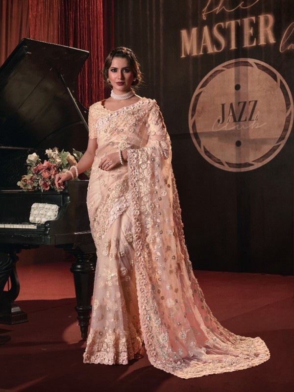 Soft Premium Net Wedding Wear Saree In Peach Color With Embroidery Work 