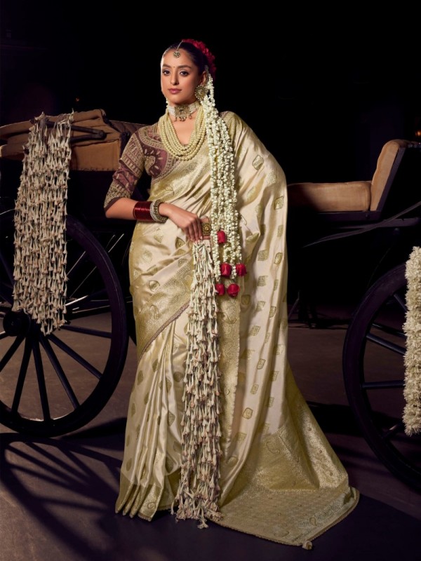 Pure Dola Silk Party wear Saree In Light Cream Color with Embroidery Work 