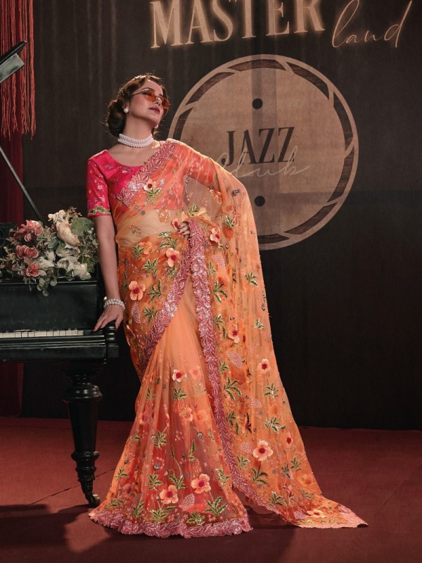 Soft Premium Net Wedding Wear Saree In Orange Color With Embroidery Work 