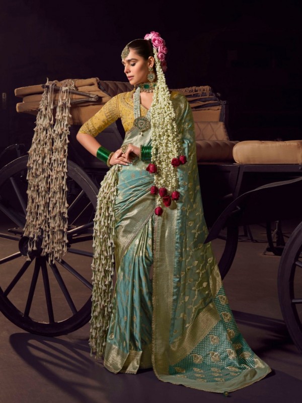 Pure Dola Silk Party wear Saree In Lime Green Color with Embroidery Work 
