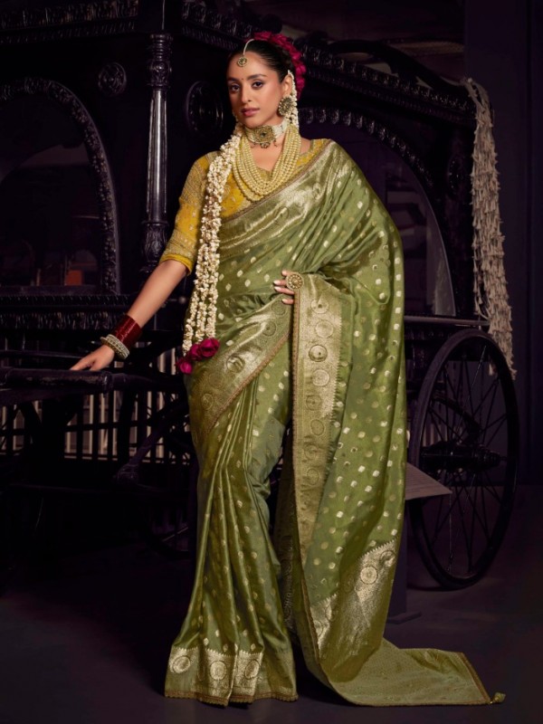Pure Dola Silk Party wear Saree In Green Color with Embroidery Work 