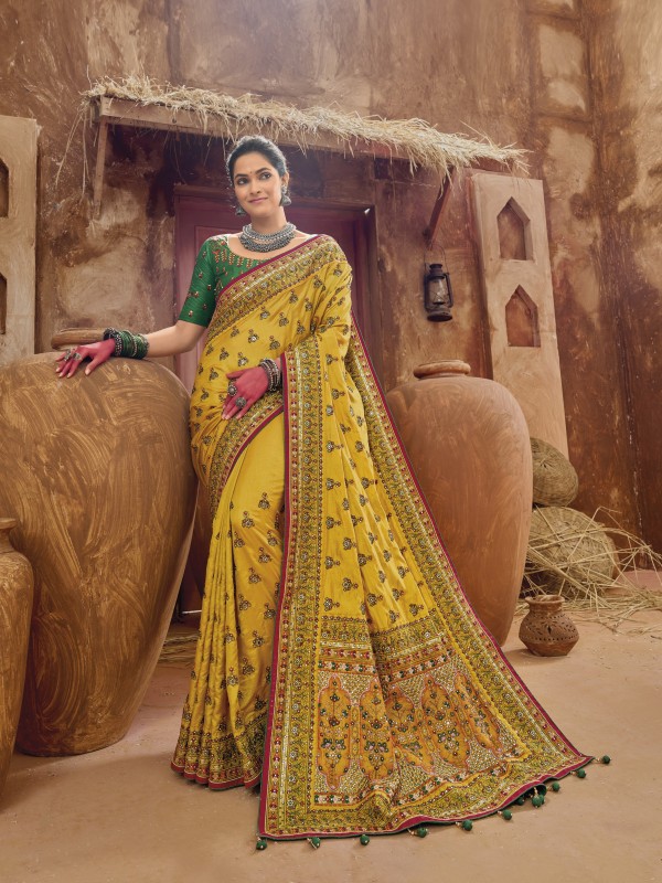 Pure  Silk Saree In Yellow Color With Embroidery Work