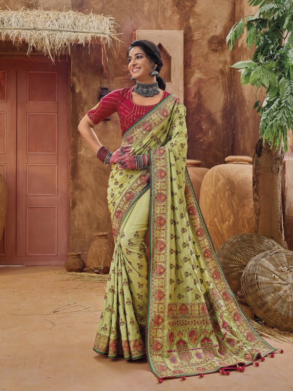 Pure  Silk Saree In Green  Color With Embroidery Work