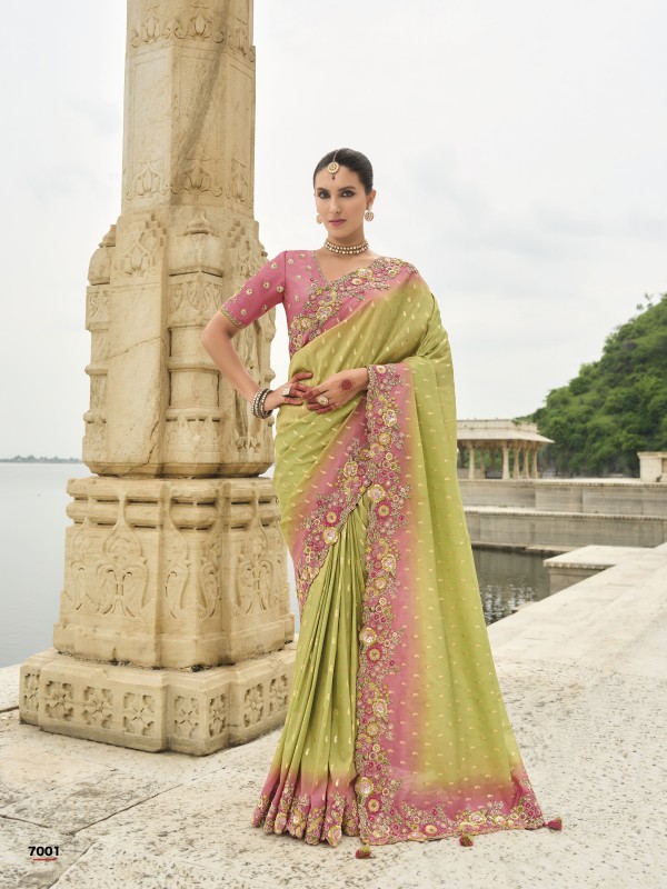 Viscose Tissue Silk Saree In Lemon Green Color With Embroidery Work