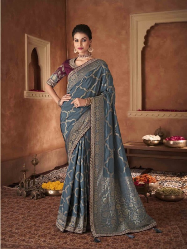Dola Silk  Saree Grey Color With Embroidery Work