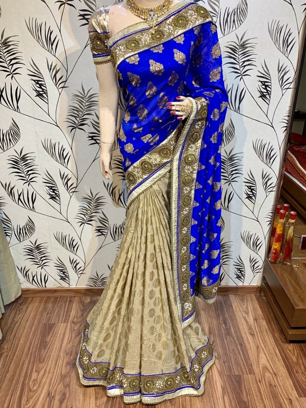 Viscose Silk Party Wear Saree In Blue WIth Embroidery Work & Crystal Stone work   