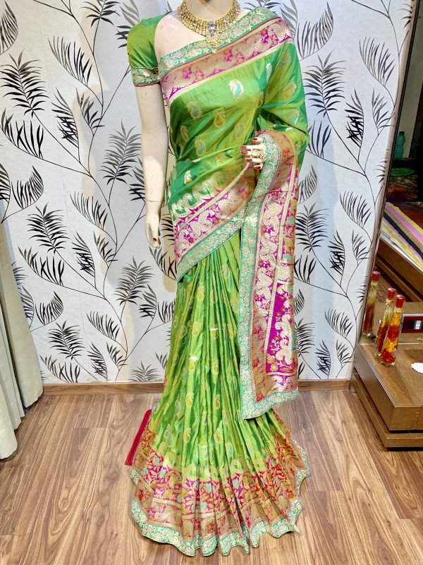 Pure Banarasi Silk Party Wear Saree In Green WIth Embroidery & Stone Work