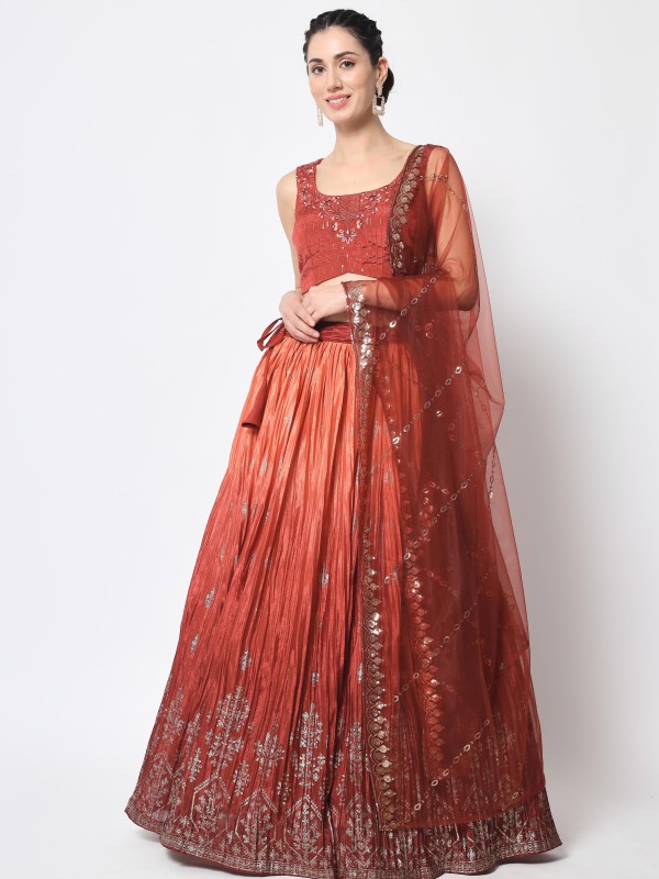 Chinon Silk Fabrics Party Wear Lehenga in Rust Color With Embroidery  