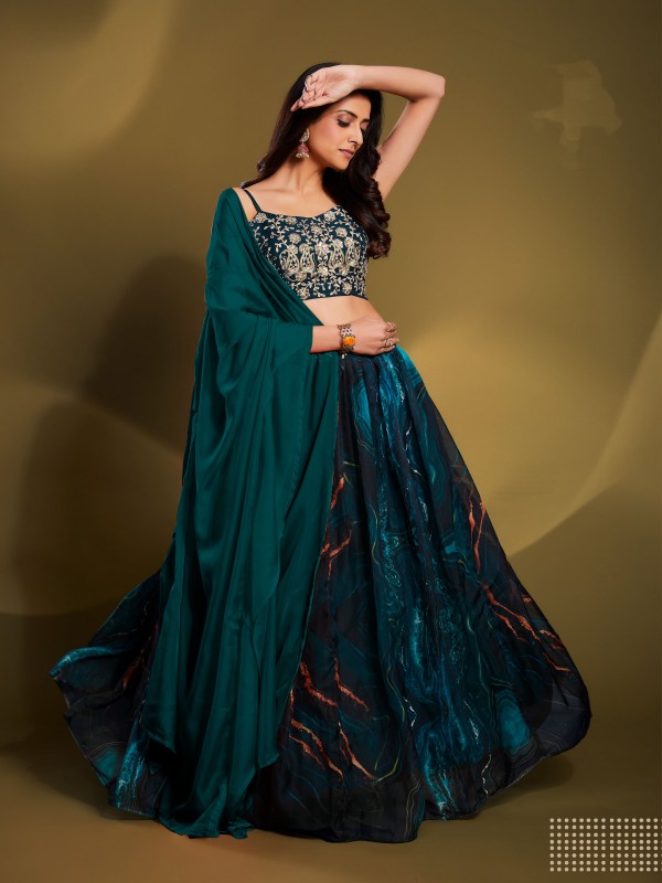 Organza Party Wear Lehenga In Teal Blue Color  With Embroidery Work