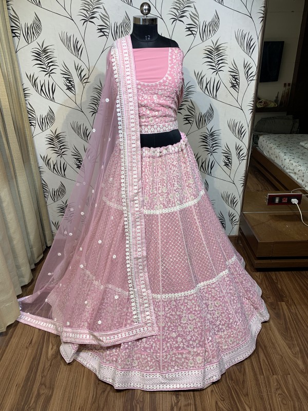Pure Soft Georgette Wedding Wear Lehenga In Light Pink With Embroidery Work & Sequence work
