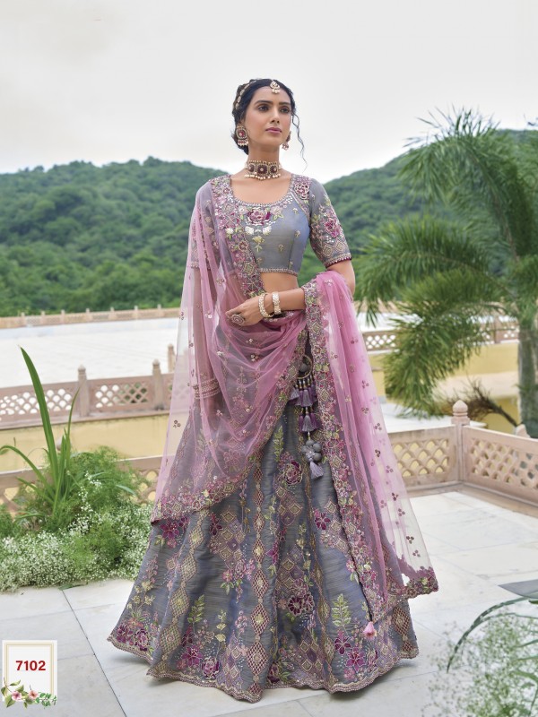 Pure Dola Silk Wedding Lehenga in Grey Color With Embroidery work